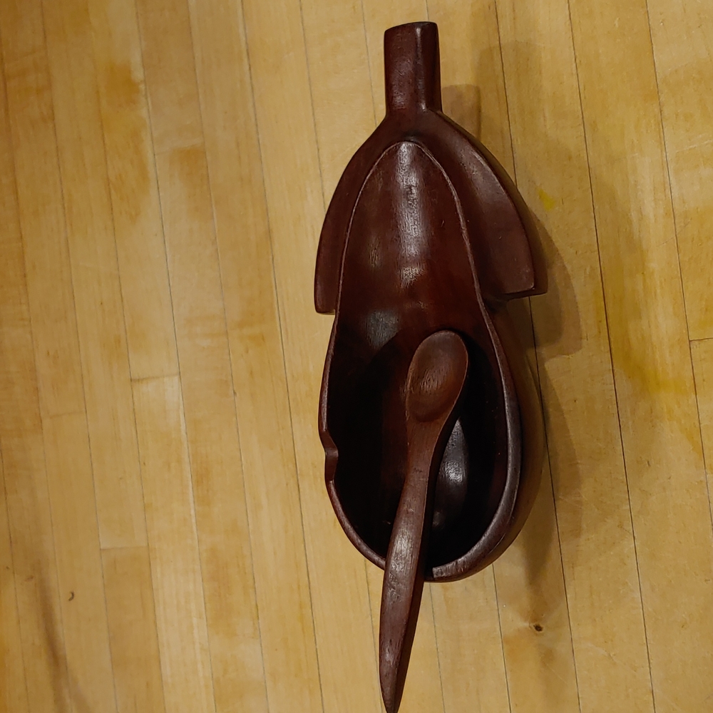 Mahogany condiment server with spoon